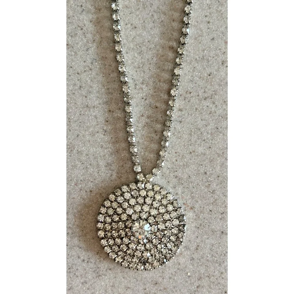 Vintage Silver-Tone Circle Rhinestone Necklace w/ Rhinestone Chain